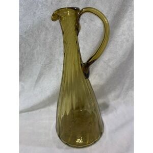 Vintage Art Glass Amber Swirl Pitcher Carafe Hand Blown with Handle